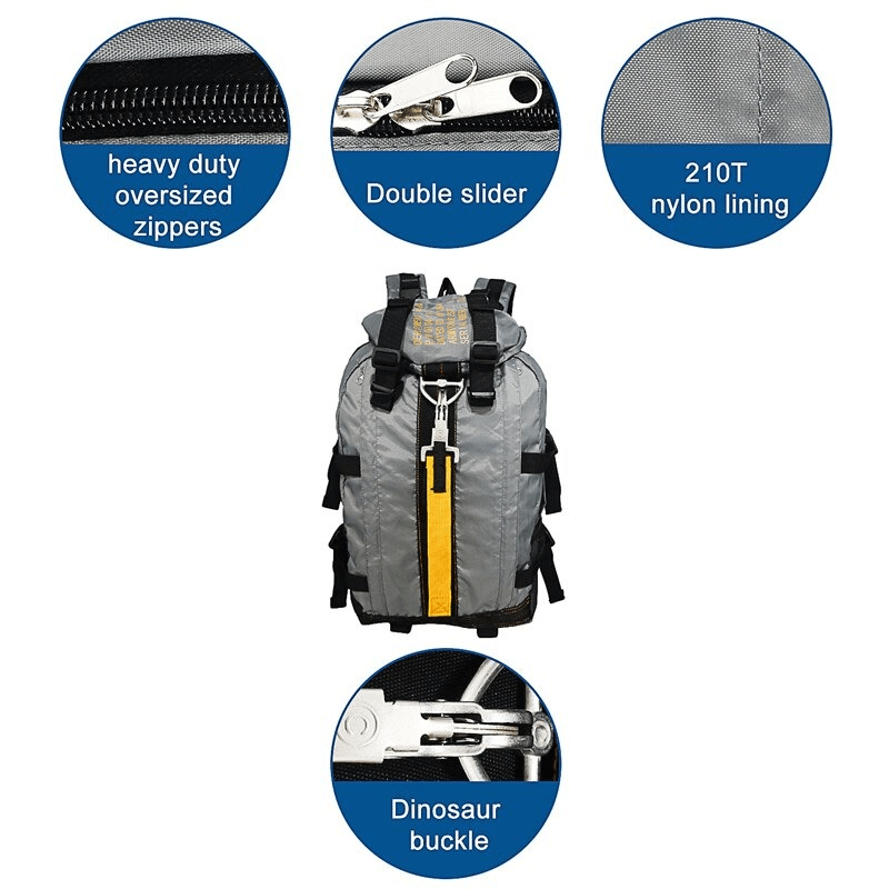 Lightweight Tactical Travel Rucksack with heavy-duty zippers, double slider, 210T nylon lining, and dinosaur buckle for hiking and camping.